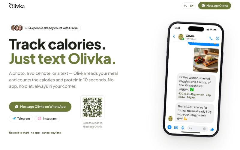 Olivka — AI calorie counter in chat. No app, no diet. — screenshot