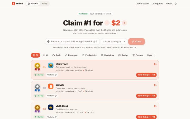 OnBid — Pay to climb the internet's leaderboard — screenshot