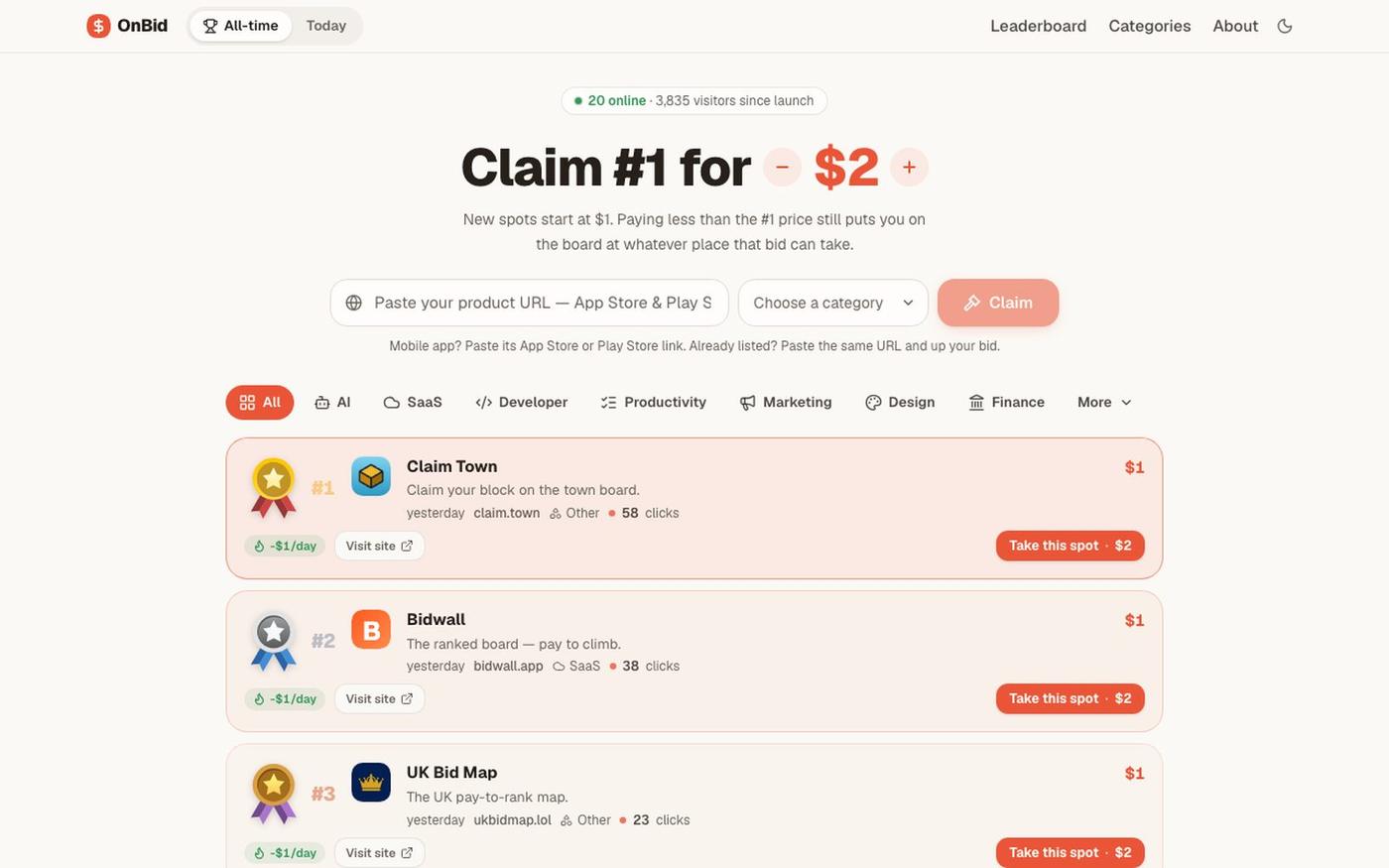 OnBid — Pay to climb the internet's leaderboard — screenshot