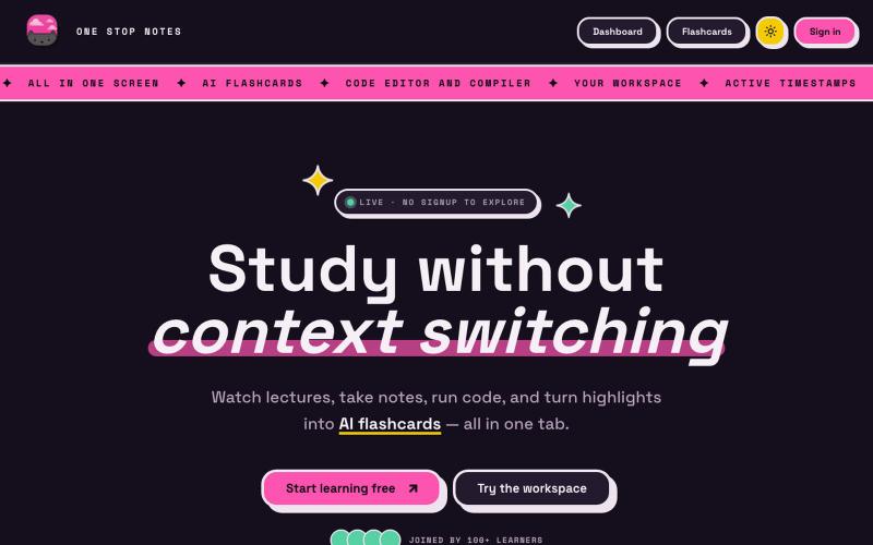 One Stop Notes — Video, notes, code and flashcards on one screen — screenshot