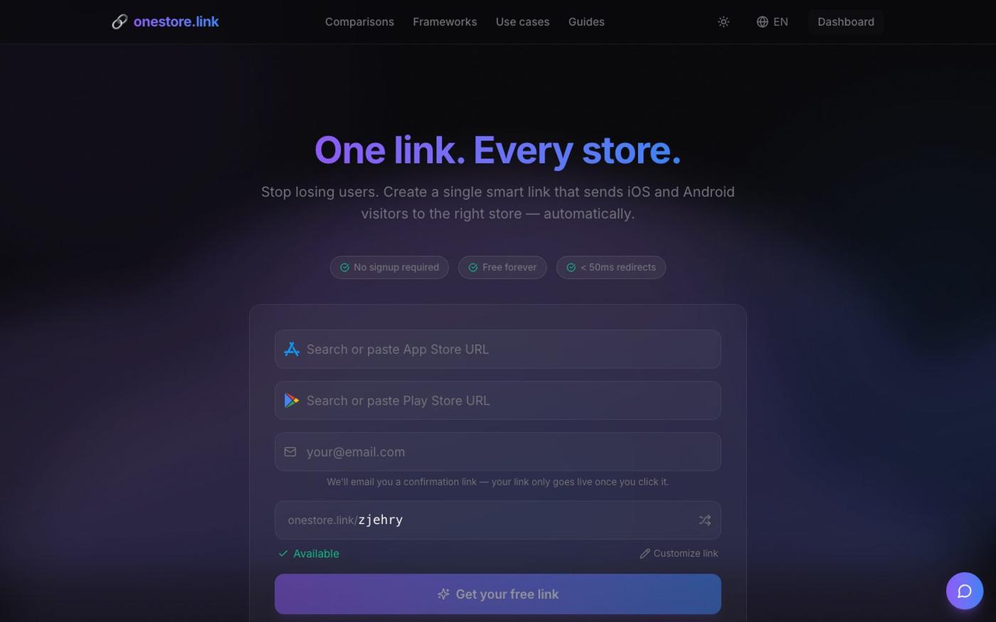 onestore.link — One link for every app store. Free, instant. — screenshot
