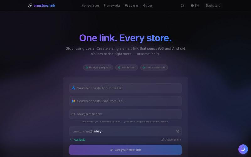 onestore.link — One link for every app store. Free, instant. — screenshot