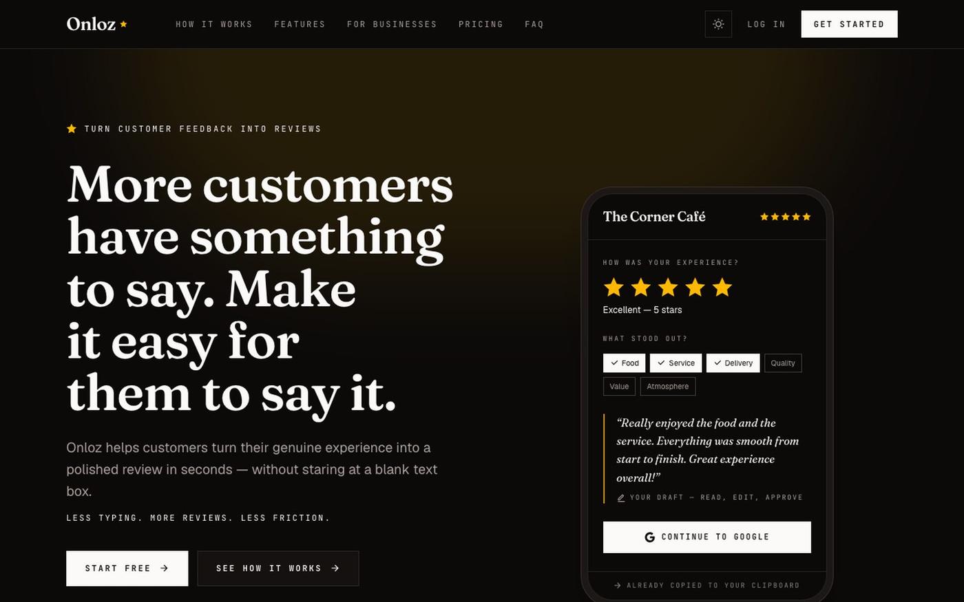 Onloz — Turn customer feedback into reviews — screenshot