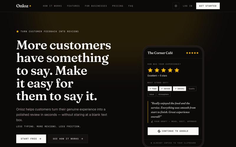 Onloz — Turn customer feedback into reviews — screenshot