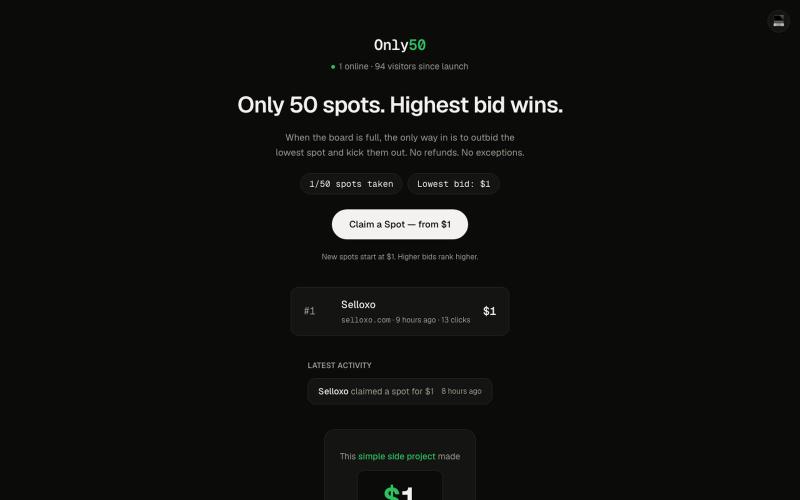 Only50 — 50 spots. Highest bid wins. — screenshot