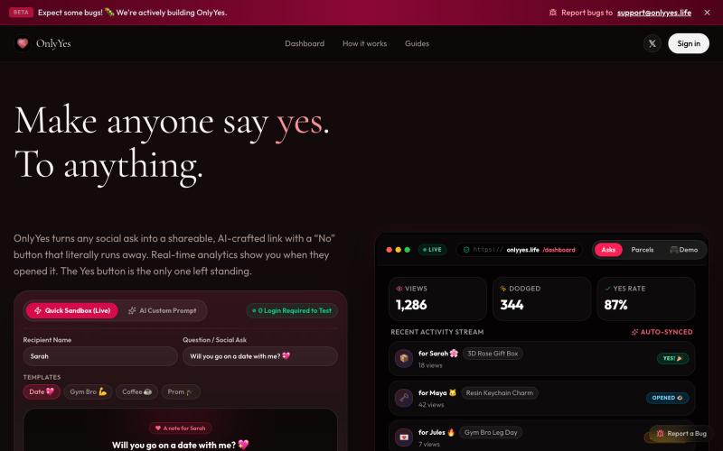 OnlyYes - AI Personalized Ask Links for Any Social Ask — screenshot