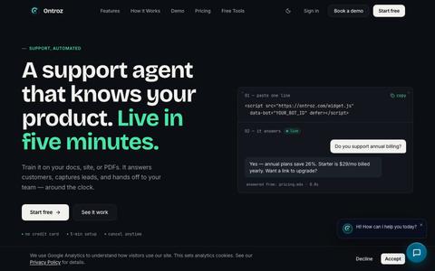 Ontroz — AI Chatbot for Customer Support, Trained on Your Content — screenshot