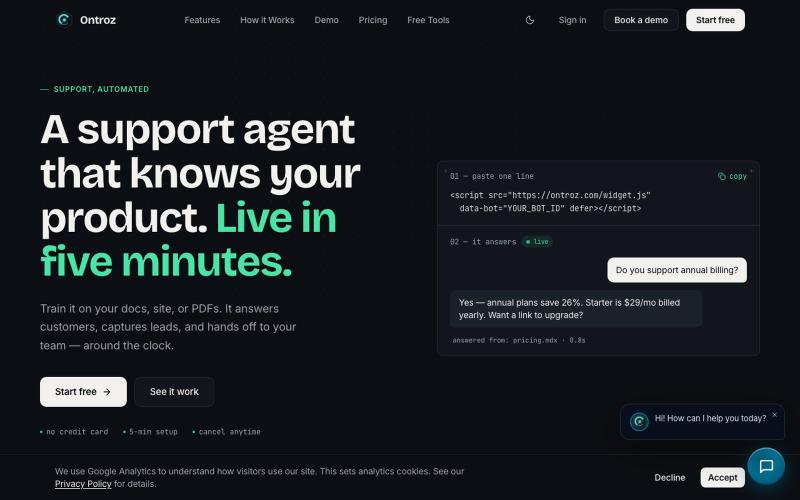 Ontroz — AI Chatbot for Customer Support, Trained on Your Content — screenshot