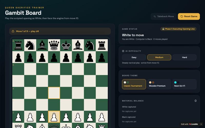 Gambit Board — Queen Sacrifice Chess Trainer — screenshot