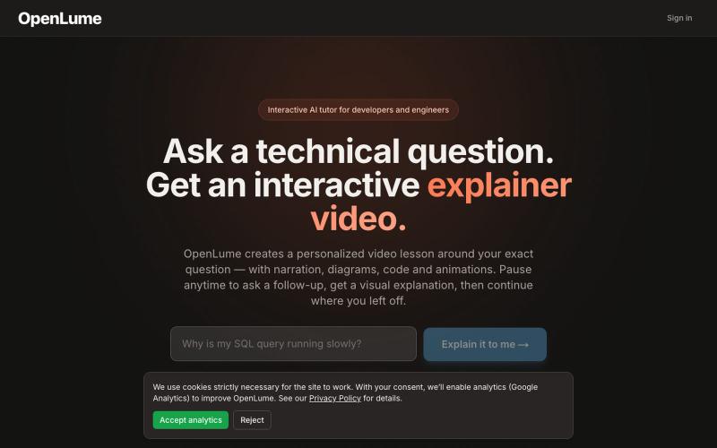 Ask Any Technical Question. Get an interactive explainer video | OpenLume — screenshot
