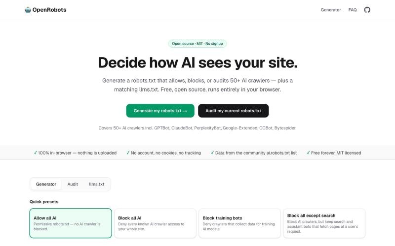 OpenRobots — Free robots.txt & llms.txt generator for AI crawlers — screenshot