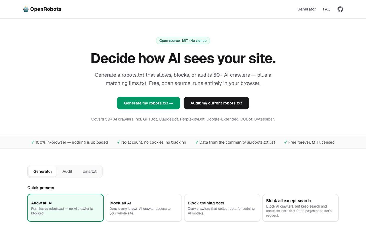 OpenRobots — Free robots.txt & llms.txt generator for AI crawlers — screenshot