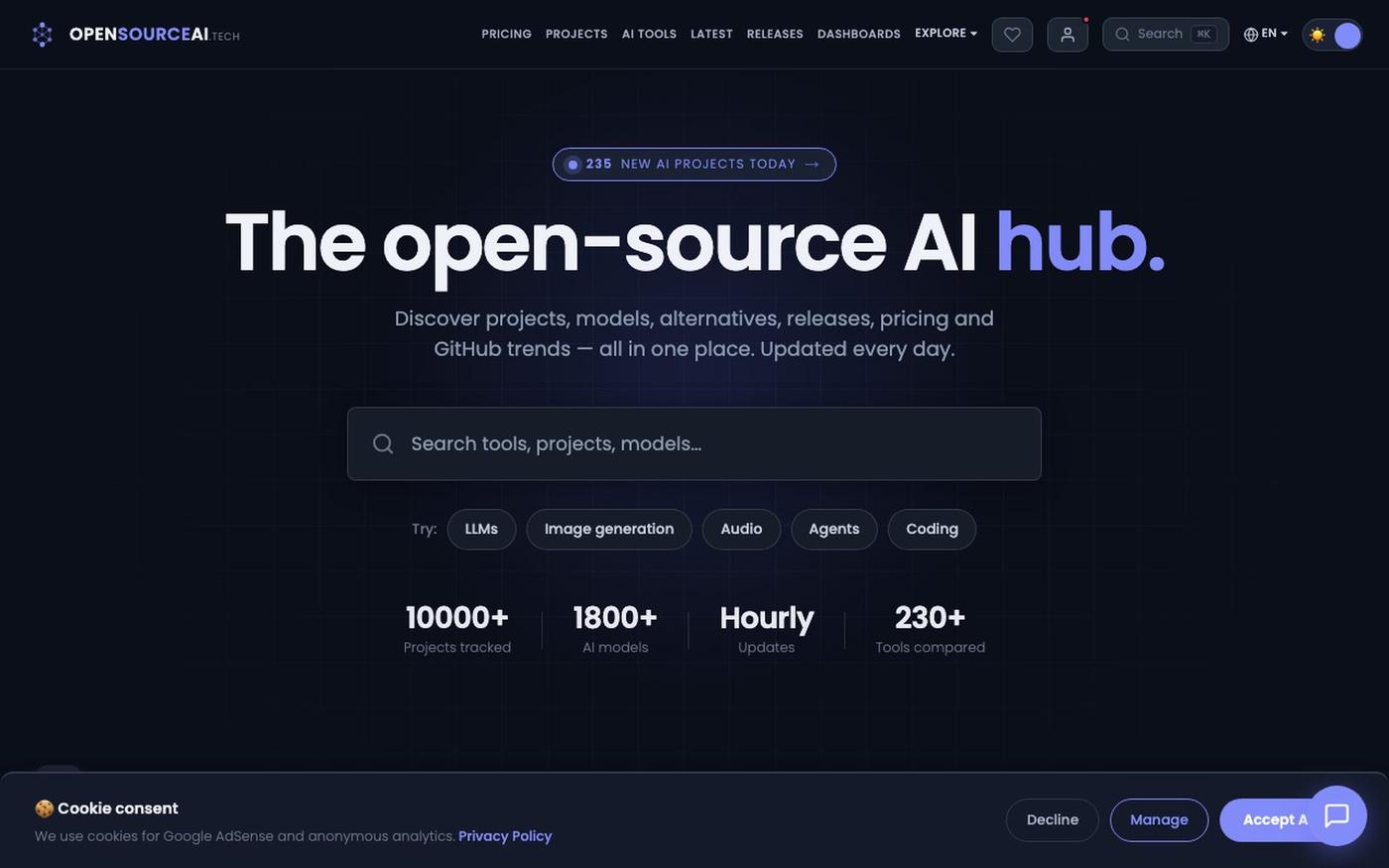 Open-Source AI Directory · 10,000 Projects Tracked Daily — screenshot