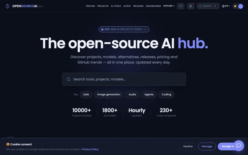 Open-Source AI Directory · 10,000 Projects Tracked Daily — screenshot