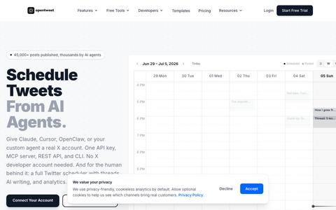 OpenTweet - Post to X from AI Agents | Twitter Scheduler & API — screenshot
