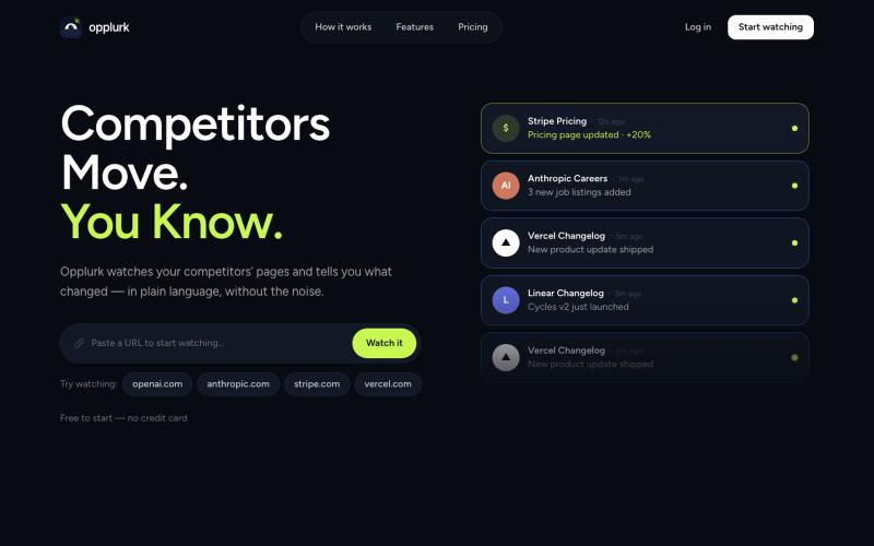 Opplurk — Competitor intelligence with AI summaries & alerts — screenshot