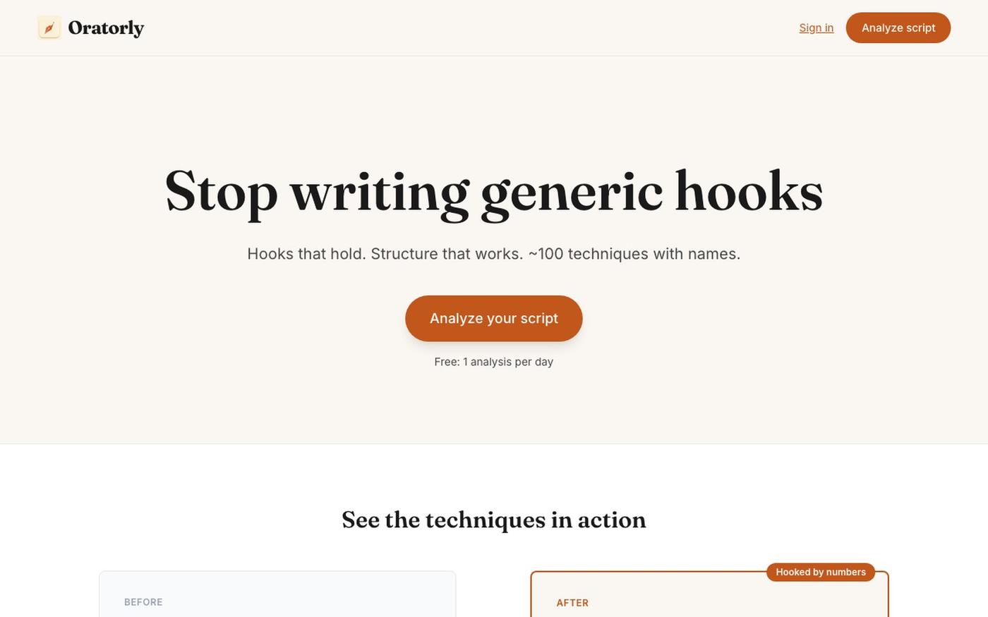 Oratorly — Check your script against ~100 storytelling techniques — screenshot