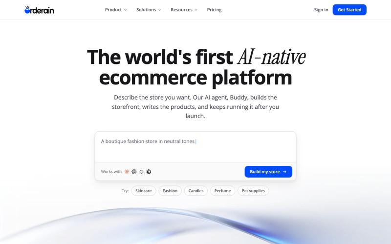 Orderain is the world's first AI-native ecommerce platform — screenshot