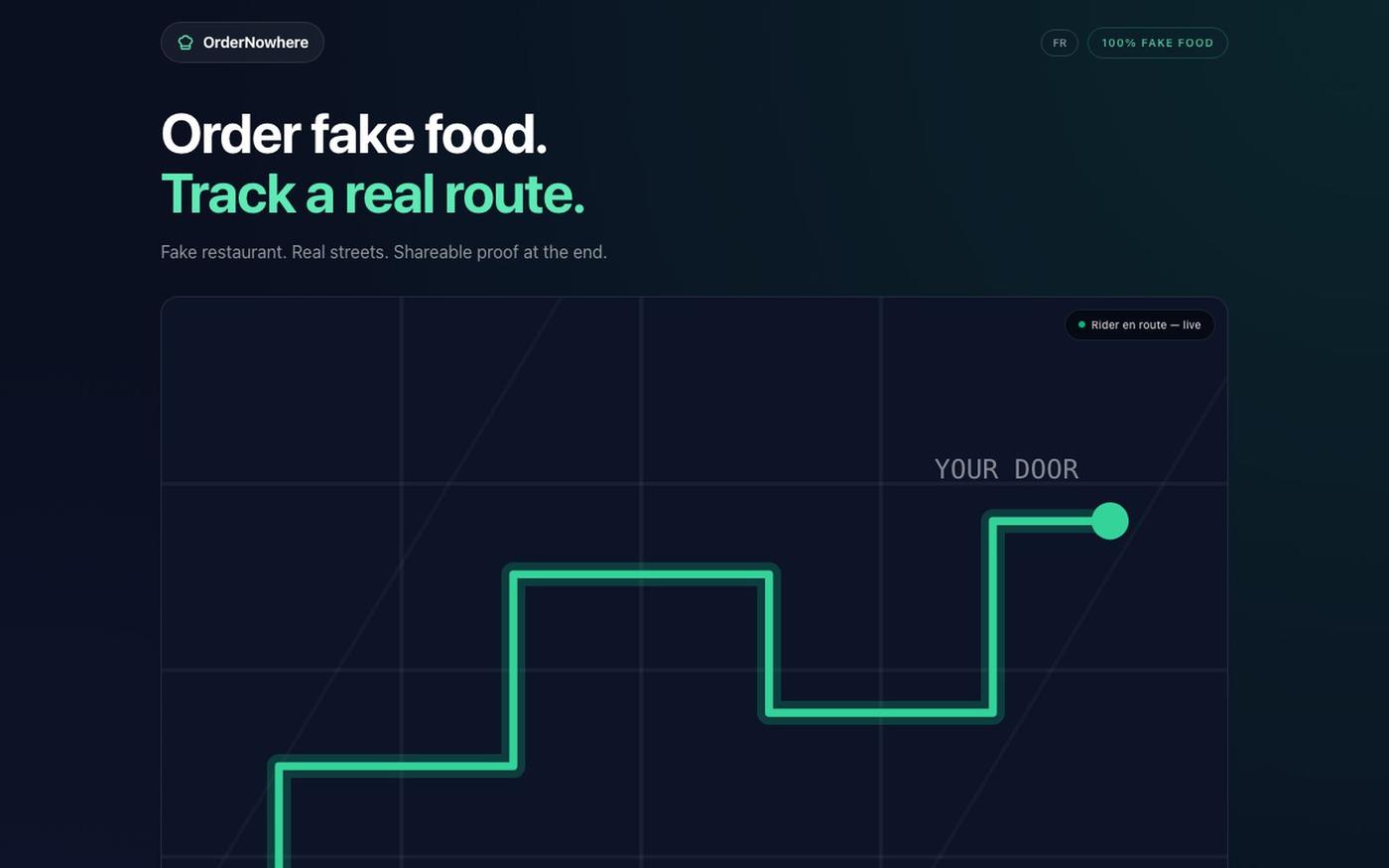 OrderNowhere — Fake Food, Real Routes — screenshot