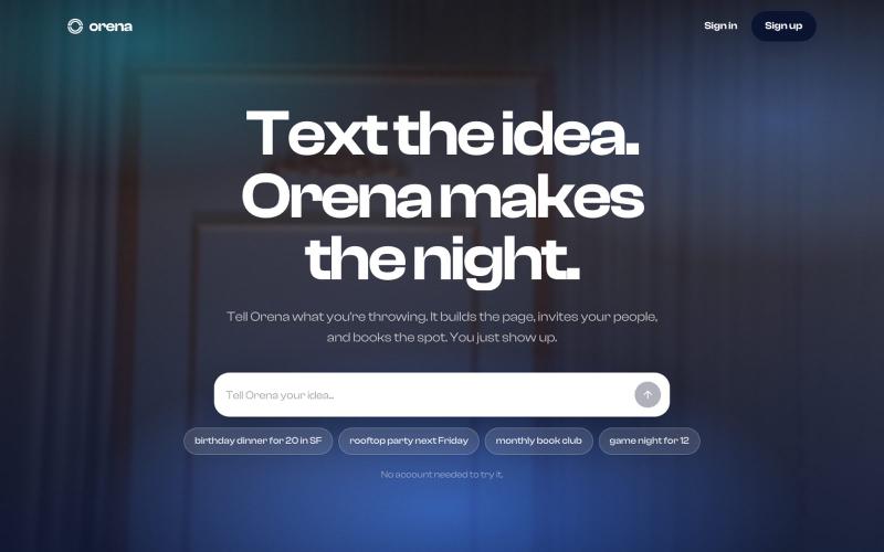 Orena — text the idea. orena makes the night. — screenshot