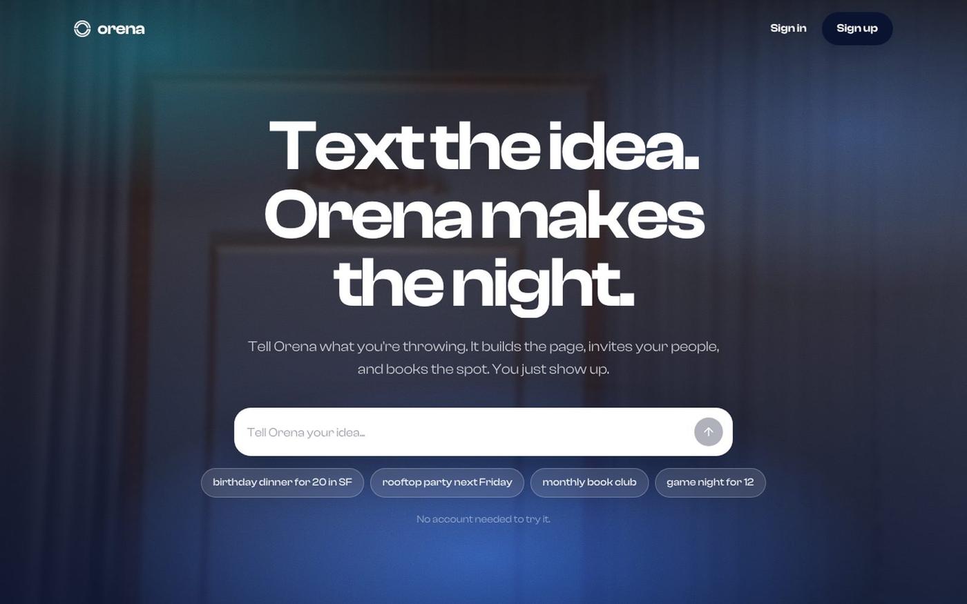 Orena — text the idea. orena makes the night. — screenshot