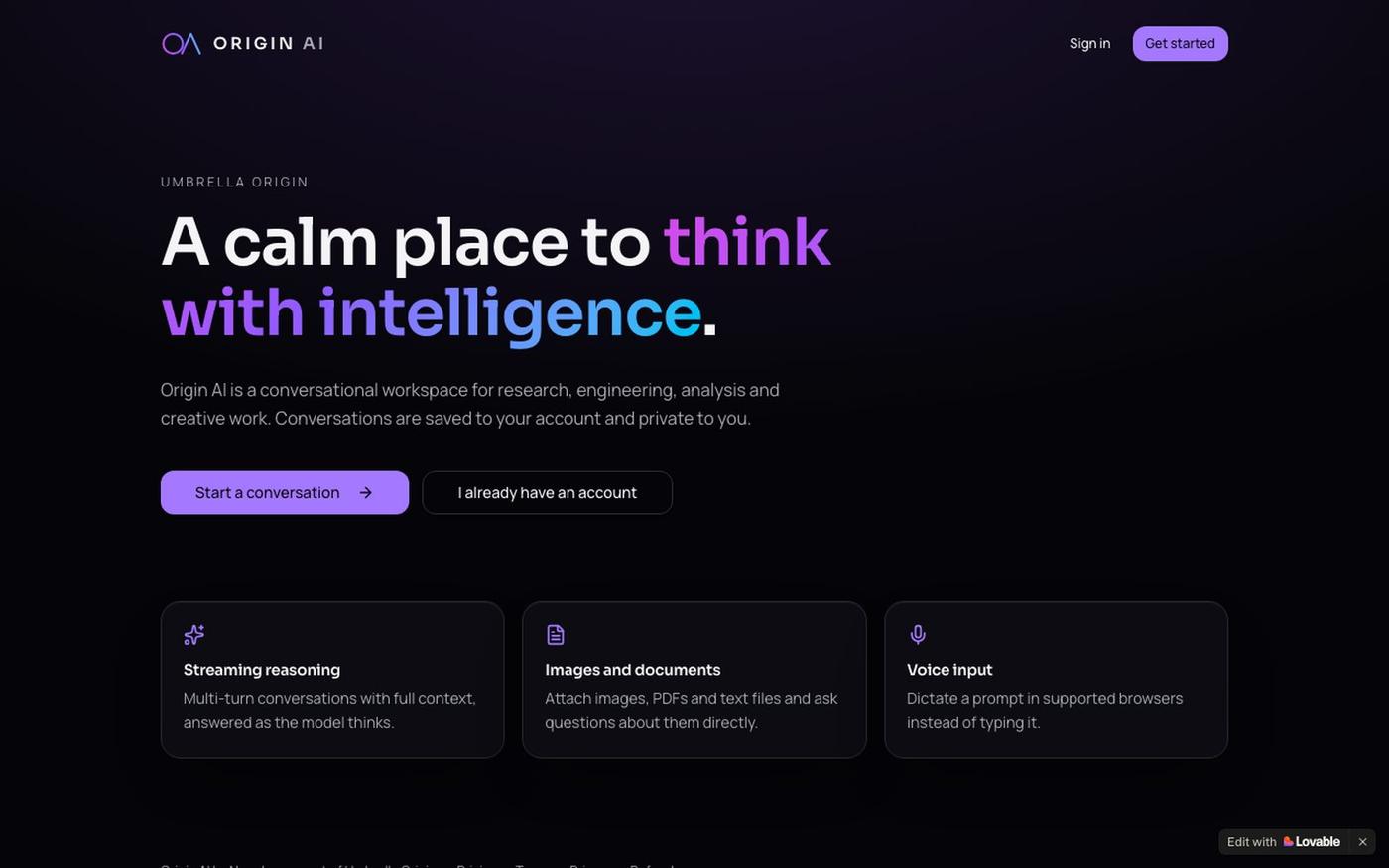 Origin AI — Conversational intelligence by Umbrella Origin — screenshot