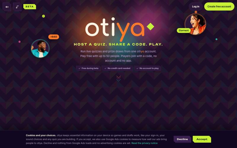 otiya, turn any room into a live quiz or prize draw — screenshot