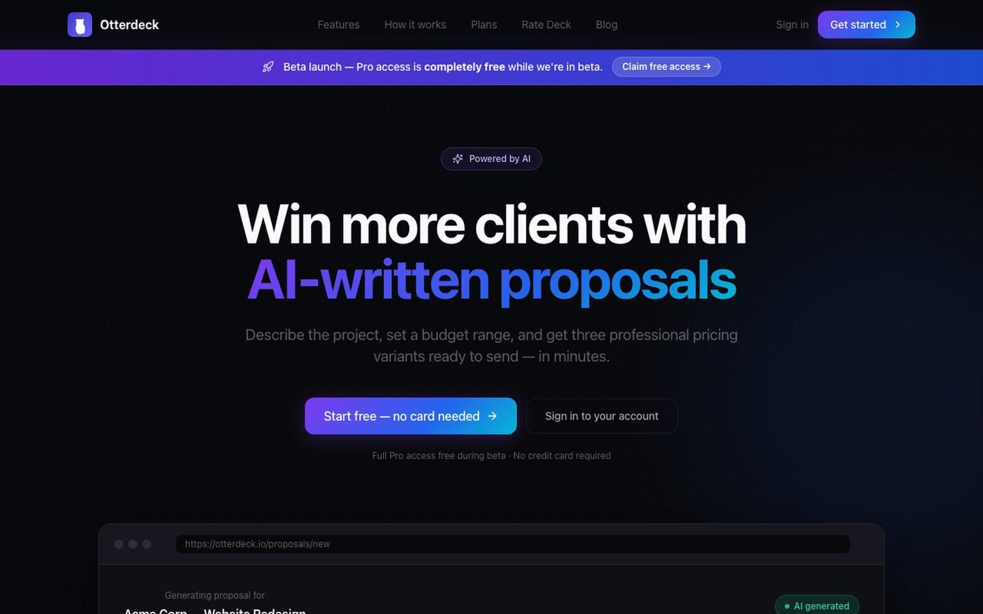 AI Proposal Software for Freelancers & Agencies — Otterdeck — screenshot