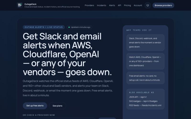 OutageDeck — Outage alerts for AWS, Cloudflare, OpenAI & 160+ vendors — screenshot
