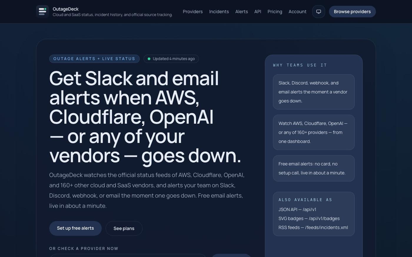 OutageDeck — Outage alerts for AWS, Cloudflare, OpenAI & 160+ vendors — screenshot
