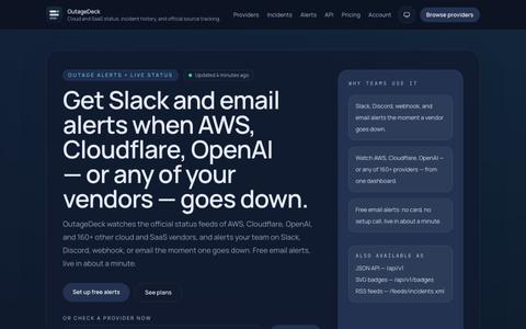 OutageDeck — Outage alerts for AWS, Cloudflare, OpenAI & 160+ vendors — screenshot