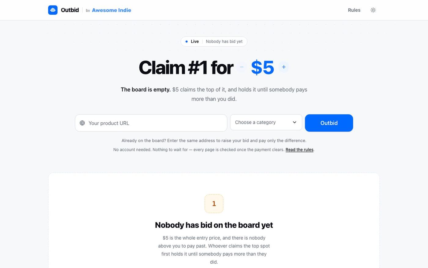 Outbid by Awesome Indie · Pay to stand above everybody else — screenshot