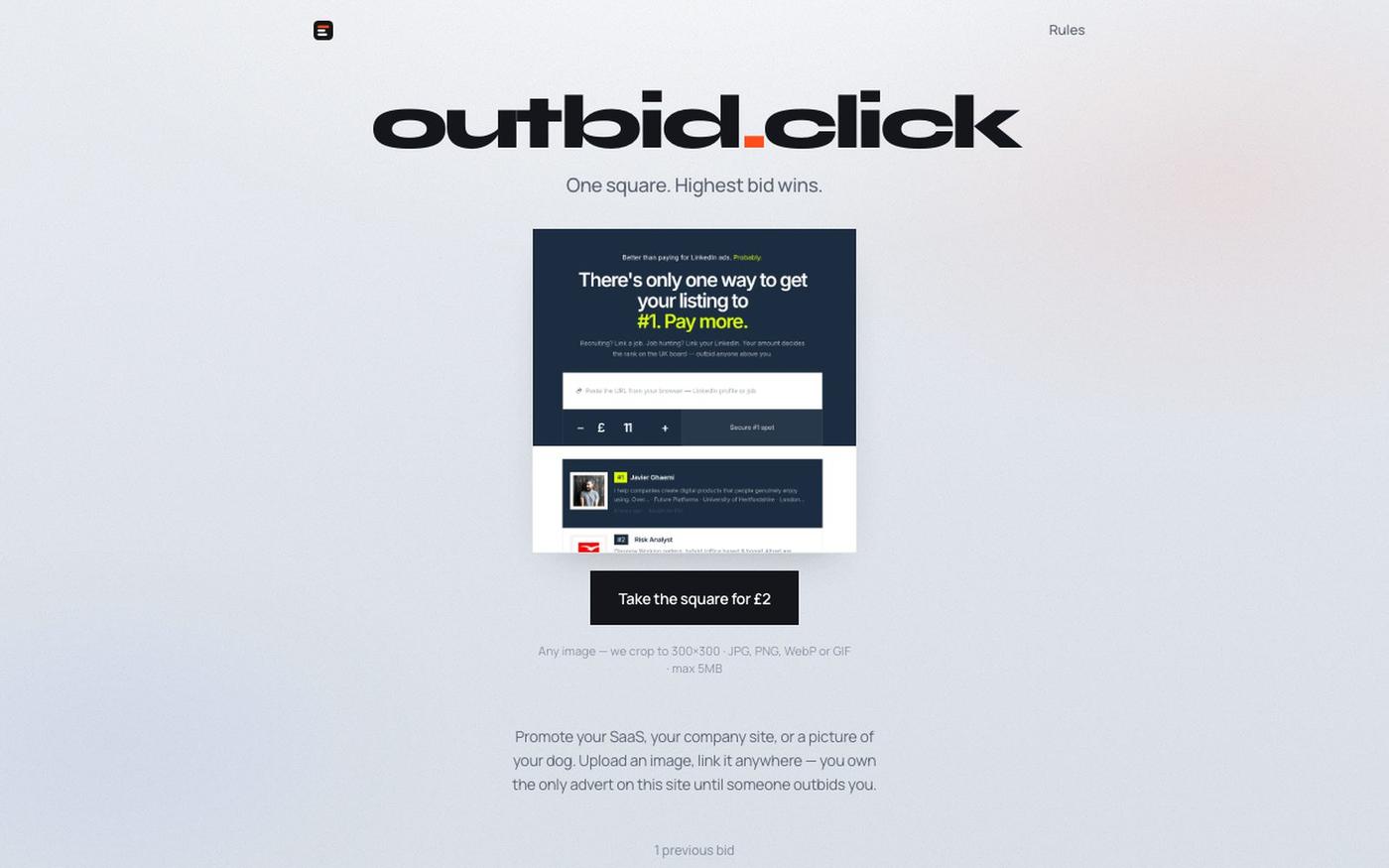 outbid.click — One square. Highest bid wins. — screenshot