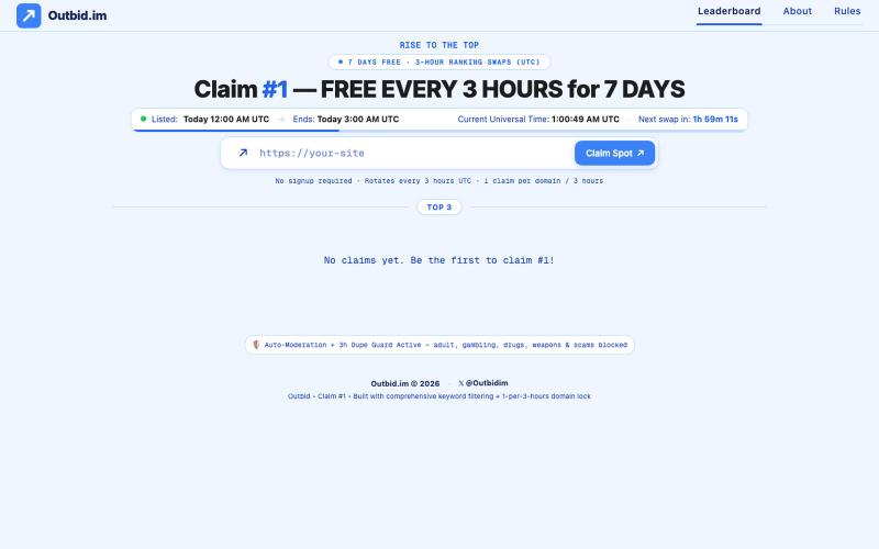 Outbid.im — Claim #1 FREE Every 3 Hours for 7 Days — screenshot