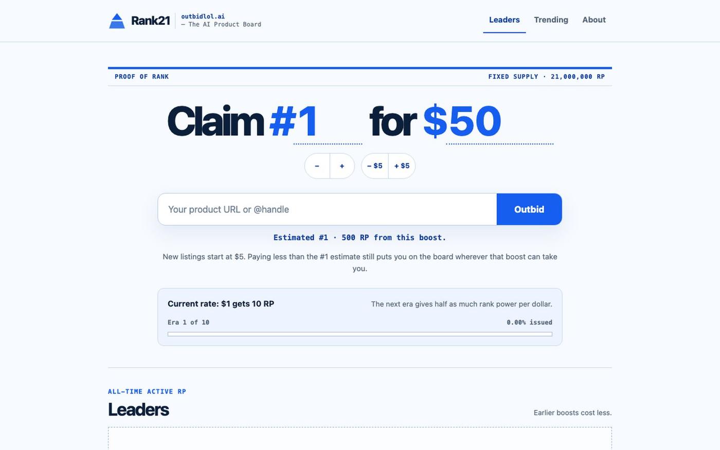 Rank21 — Fixed-Supply Outbid Board for AI Products — screenshot