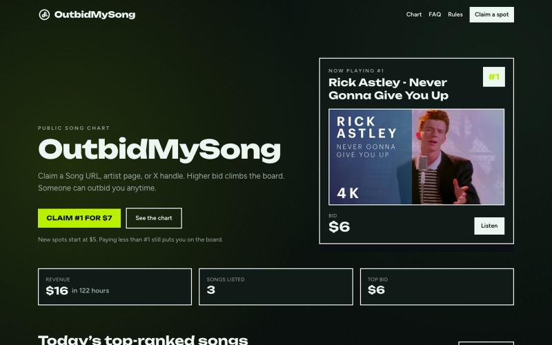 OutbidMySong.lol | Pay-to-Rank Song Chart — Claim a Song, Artist Page, or X Hand — screenshot