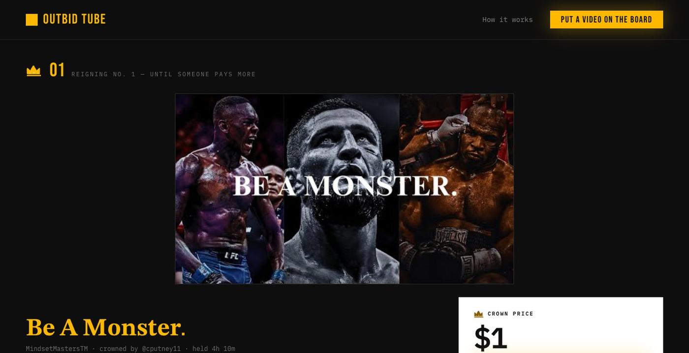 Outbid Tube — crown any video with cash — screenshot
