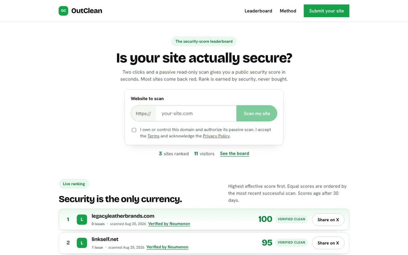 OutClean — The security-score leaderboard — screenshot