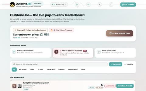 Outdone.lol — Pay-to-Rank Leaderboard | Bid USD to Claim #1 — screenshot