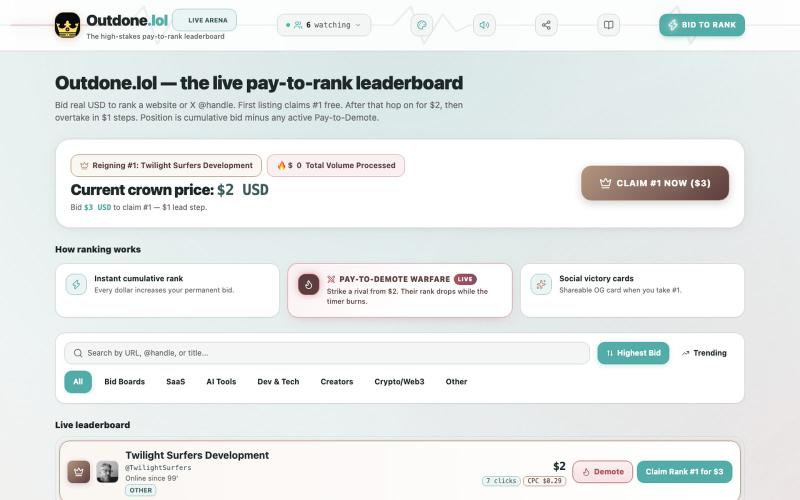 Outdone.lol — Pay-to-Rank Leaderboard | Bid USD to Claim #1 — screenshot