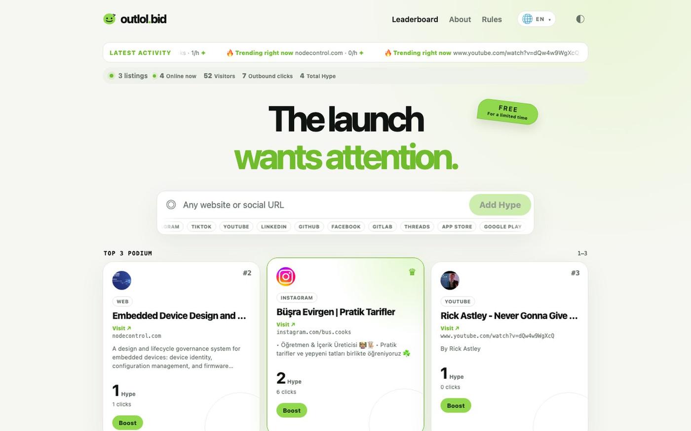 outlol.bid — The free Hype leaderboard — screenshot
