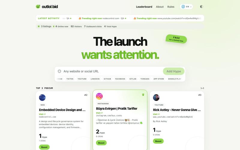outlol.bid — The free Hype leaderboard — screenshot