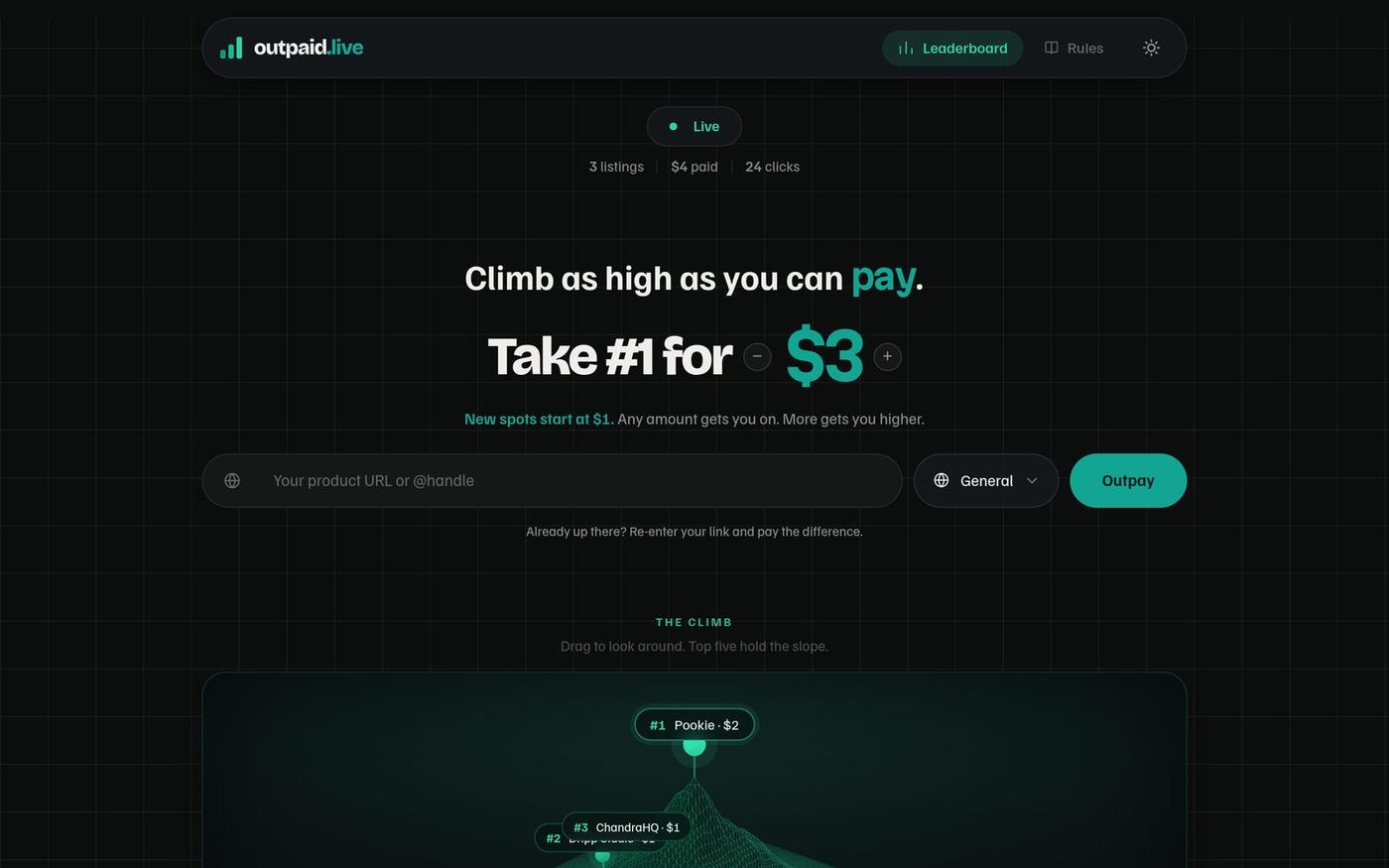 Outpaid — Pay to Rank Leaderboard | Climb as high as you can pay — screenshot
