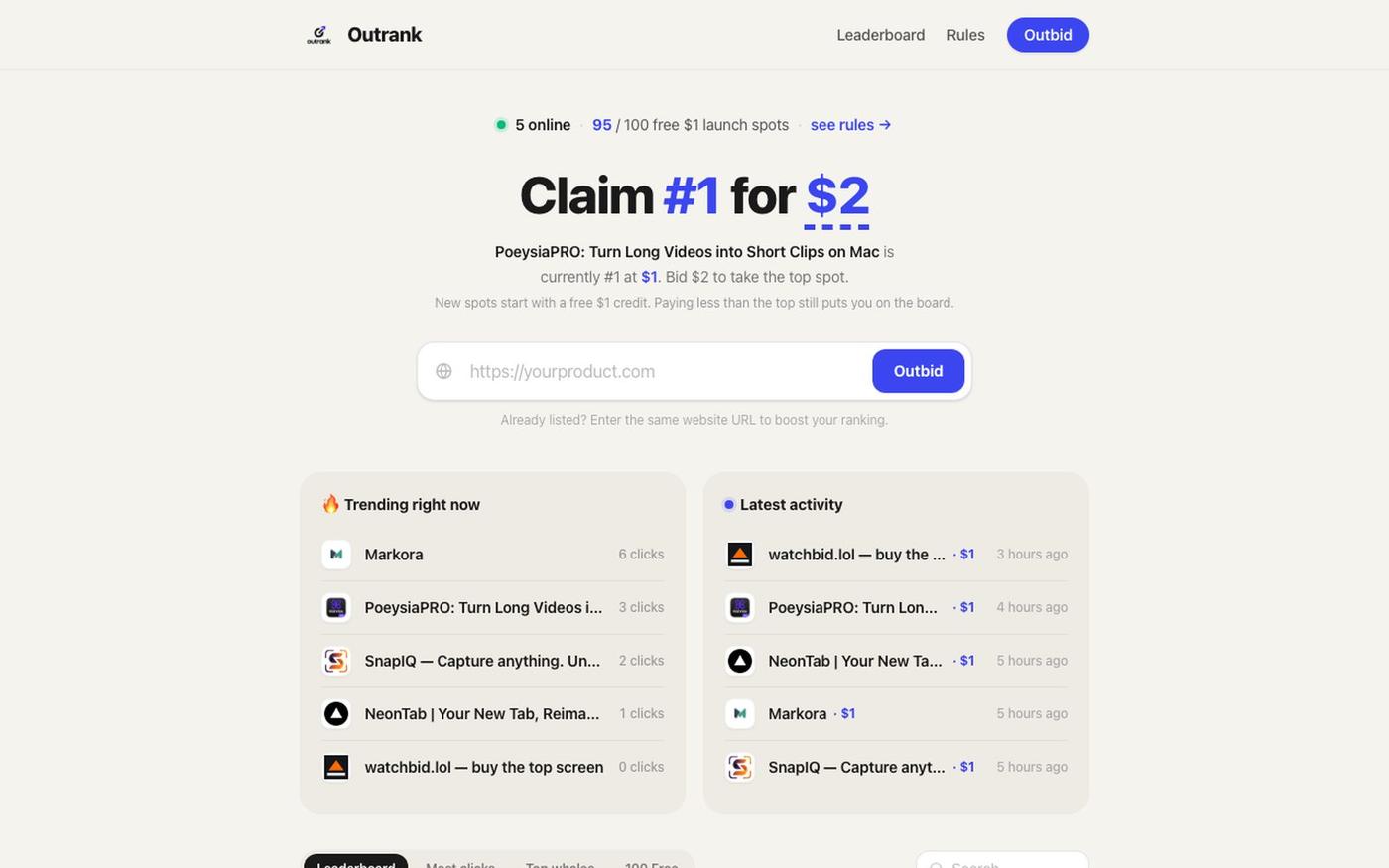 Outrank — Pay to climb, get noticed, and outrank the competition. — screenshot