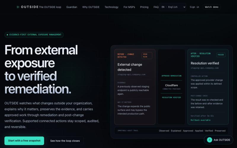 OUTSIDE — From external exposure to verified remediation — screenshot