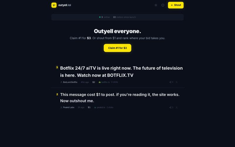outyell.lol — Pay to shout. Rank is your bid. — screenshot