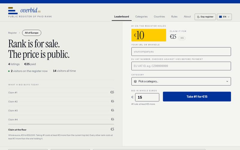 overbid.eu · pay-to-rank leaderboard for EU companies — screenshot