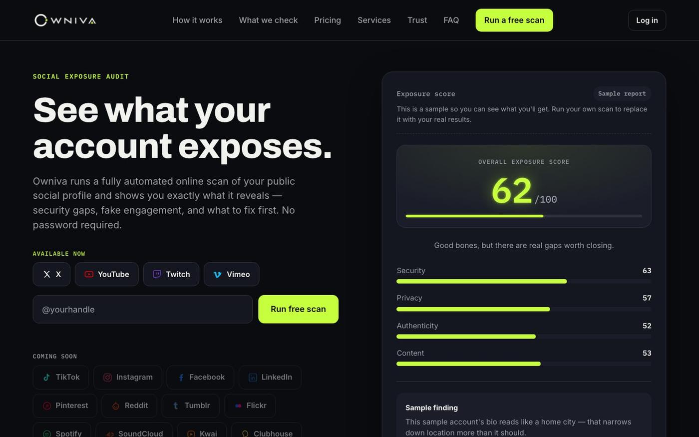 Owniva — See what your account exposes — screenshot