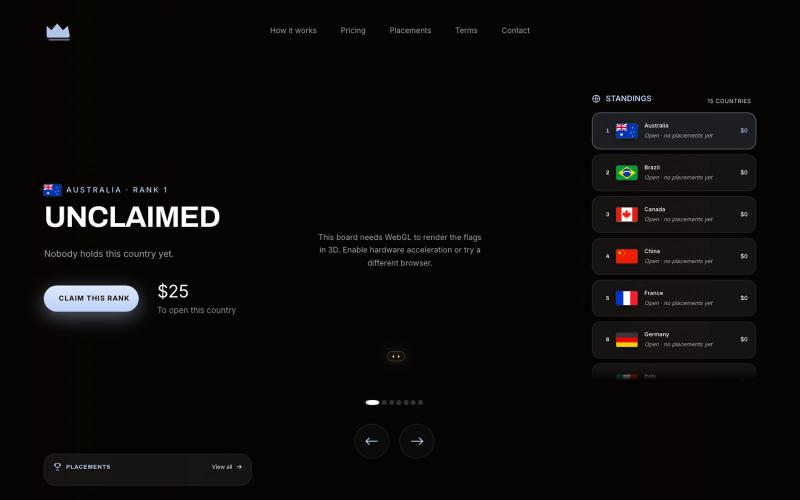Own Your Flag · The country board — screenshot