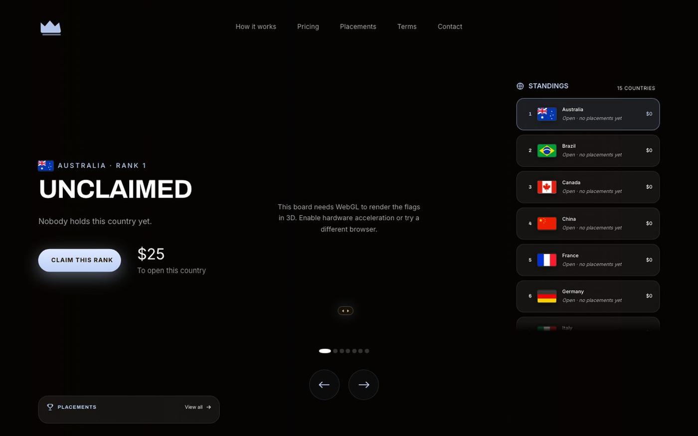 Own Your Flag · The country board — screenshot